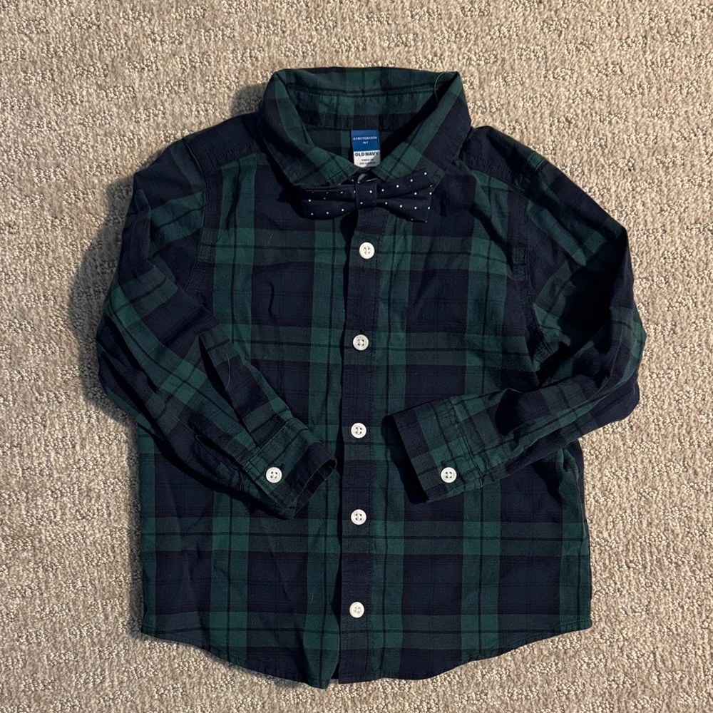 Old Navy Kids Navy and Green Plaid Shirt with Bow Tie